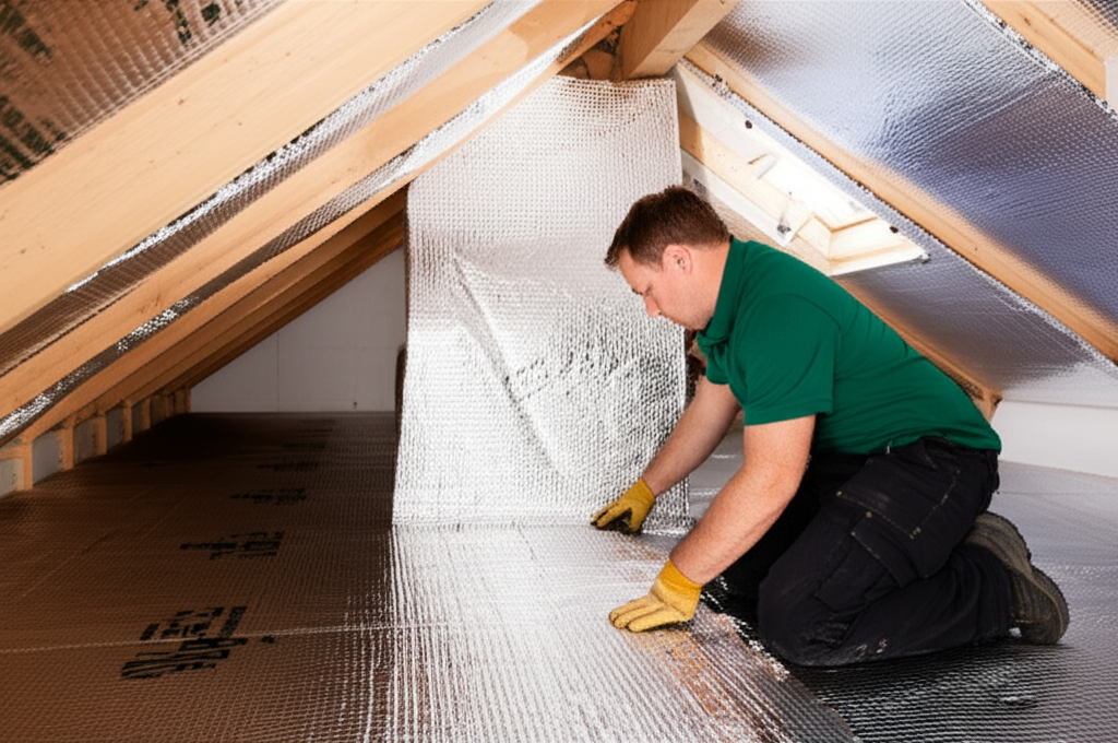 Insulation installer working in a loft space